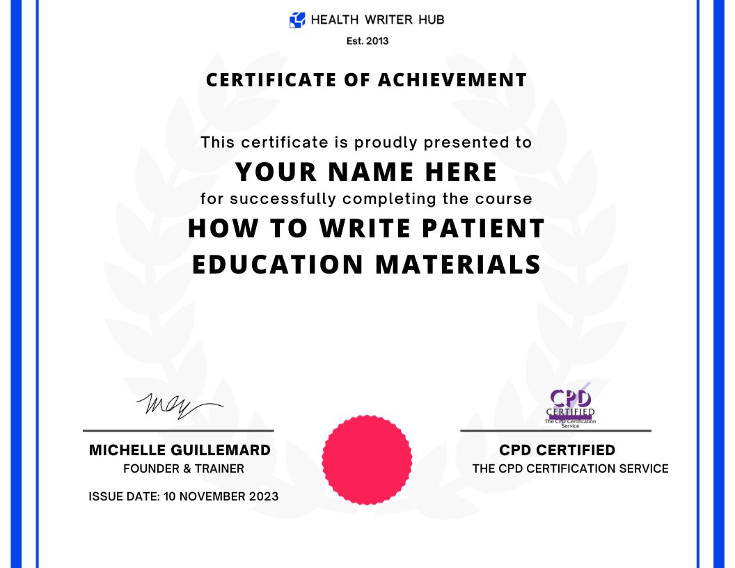 patient education writing course certificate